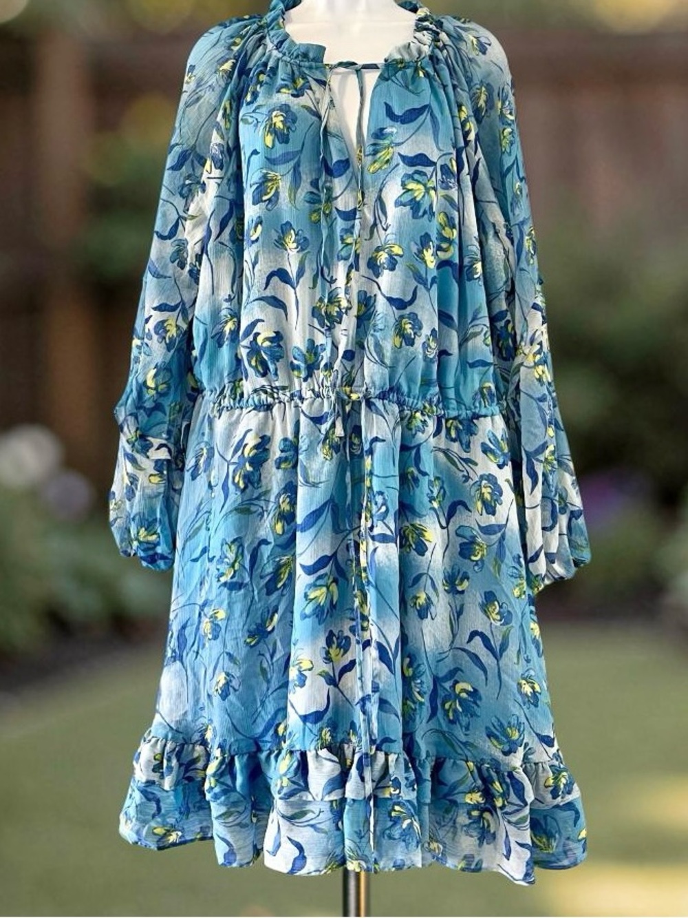 Prabal Gurung 1X Blue Floral Boho Peasant Dress Long Sleeve Tie Neck